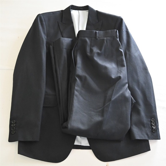 Modern Tailor Bespoke 42L 36x30 Navy Blue Herringbone Super 120s Wool Suit